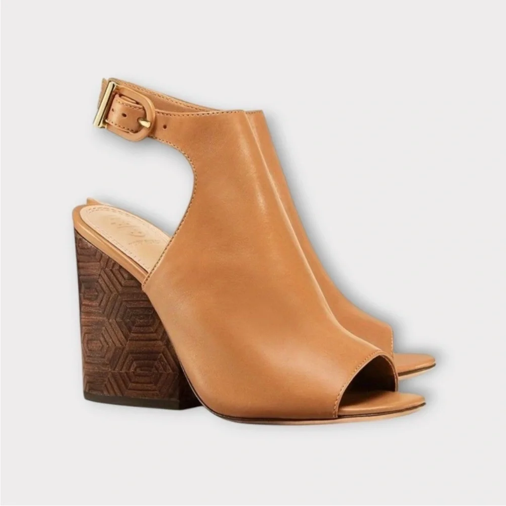 Tory Burch Grove Open Toe Bootie Sz 5 Royal Tan Wood Detail Heel Designer Luxury